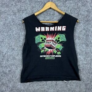 Minecraft Graphic Tank Top Womens Medium Black Raw Edge Creeper TNT Explosive